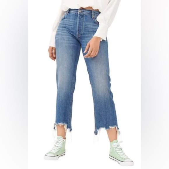 We the Free Maggie Mid Rise Straight Leg Jeans Sz. 26 Frayed Raw Hem Boho Fest - Picture 1 of 9